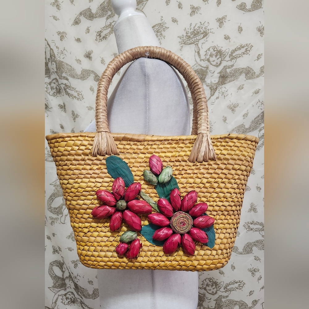 Handcrafted Floral Cactus Flower Straw Tote Bag